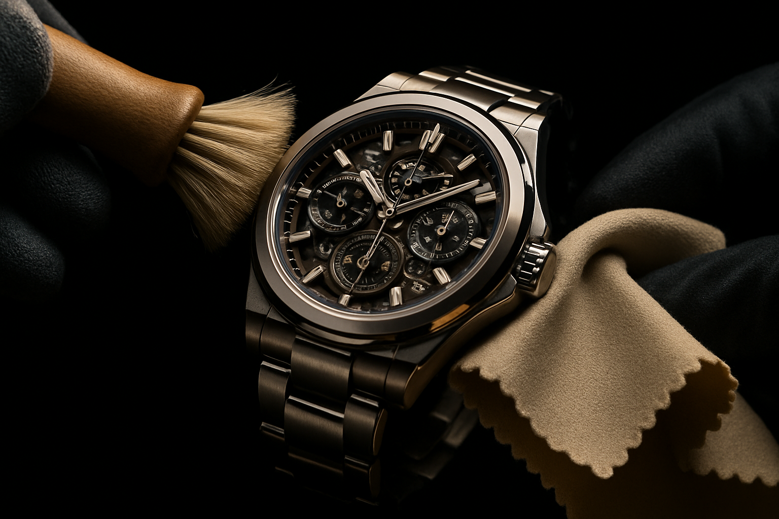 generate a picture with a watch getting cleaned on a black background